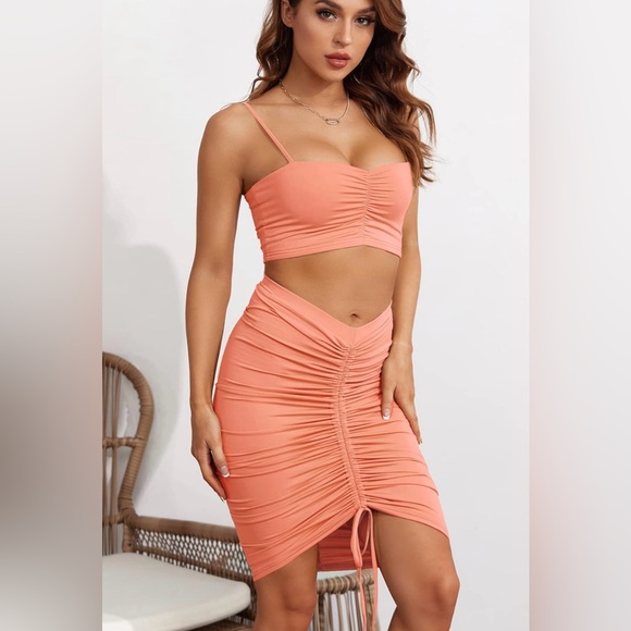 Pink 2 Piece Adjustable Ruched Midi Skirt Set, Crop Top, Preloved, Size Large - Picture 4 of 16